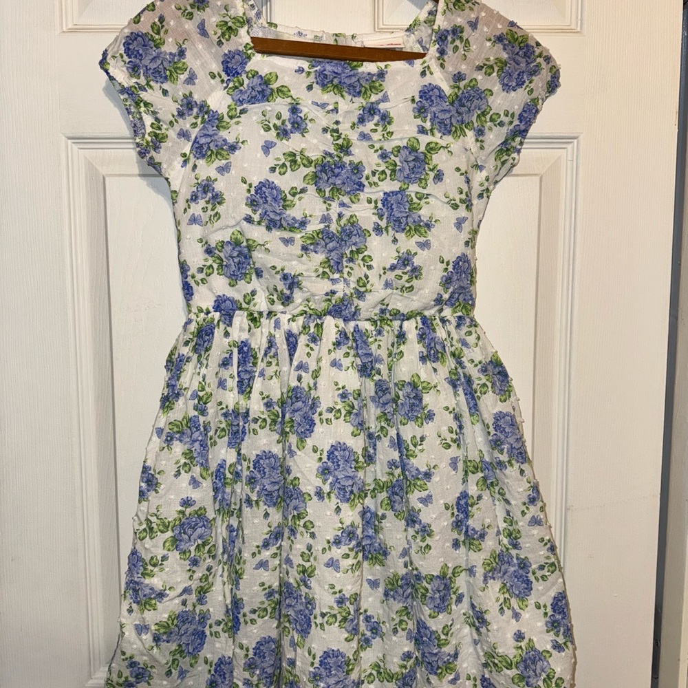 Little Lass White Dress with Blue and Green Floral Pattern